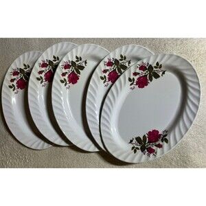 Set of 5 Pink Rose Dinner Platter Plates Oval 14" x 10" Melamine Ware Plastic